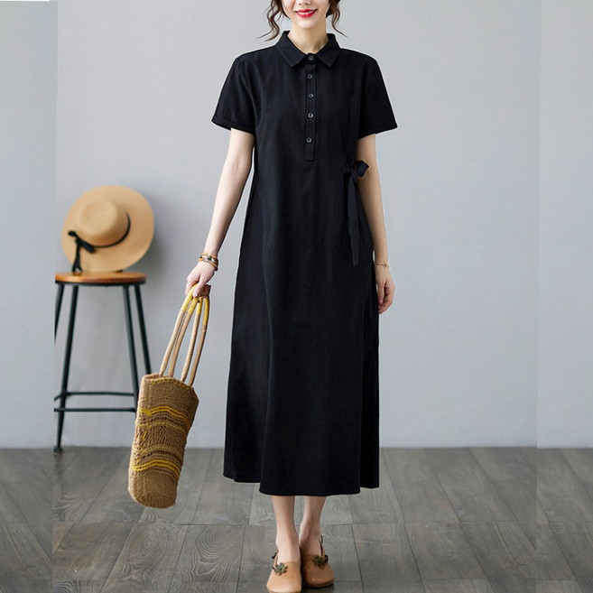 여자 빅사이즈 루즈핏 오버핏 리본 카라 반팔 롱원피스 봄 여름 데일리 하객룩 결혼식 A라인 셔츠 남방 원피스