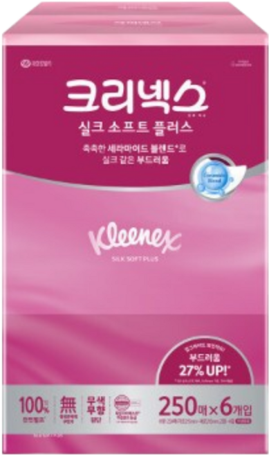 크리넥스 실크소프트 250매 6입 천연펄프 미용티슈 각티슈 곽티슈, 250, 1