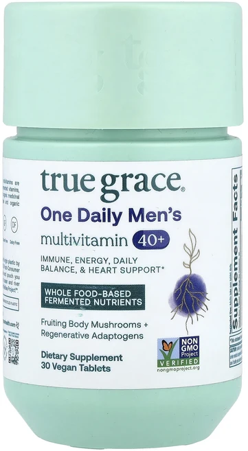 단백질 비타민 철분 마그내슘 칼슘 True Grace 원 데일리 남성용 종합비타민 40+ 비건 정제 30정 고루고루섭취해주세요, TrueGrace원데일리남성용종합비타민40비건정제30정, 1개 - 쿠팡