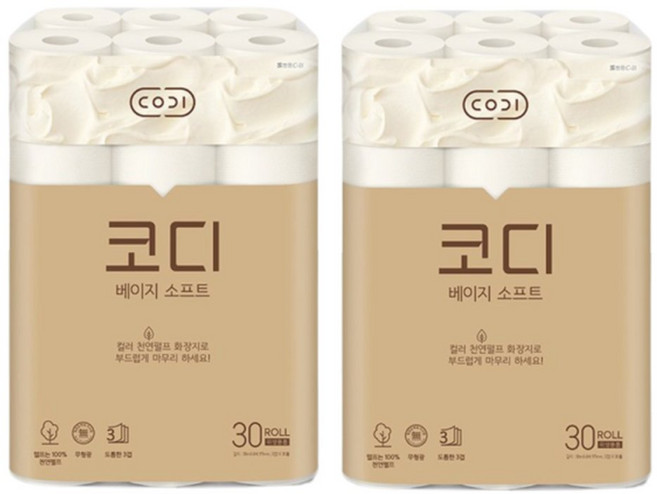 코디 베이지 소프트 3겹 화장지 휴지 30m 30롤 x 2팩, 2개