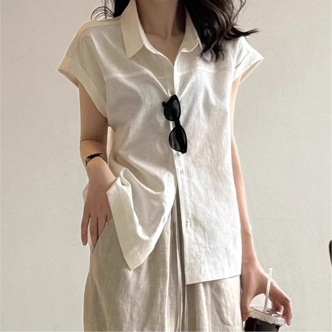 Akimu 여성 린넨 반팔 셔츠 기본 카라 데일리룩 여름