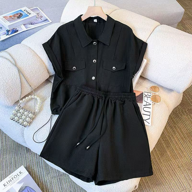 41 여성투피스 여성세트 셔츠 + 반바지 클래식 세트 칼라 반팔 셔츠+쇼트 팬츠 포켓 디테일 데일리 캐주얼 의류 ZBW26031647