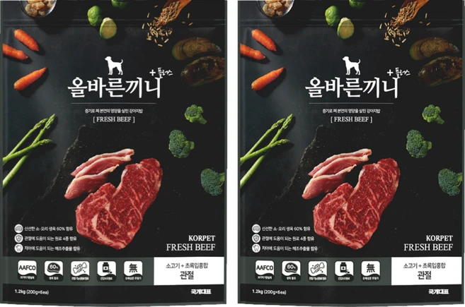 올바른끼니 플러스 2개 세트 -소고기 초록입홍합(관절건강) 강아지사료 _ 60%생육 100%휴먼그레이드 스팀공법 영양식 강아지밥, 뼈/관절강화, 1.25kg - 쿠팡