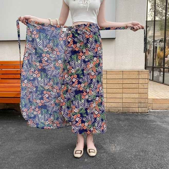 티티웍스 여성 스트랩 리본 허리끈 h라인 페이즐리 프린트 롱 쉬폰 랩스커트