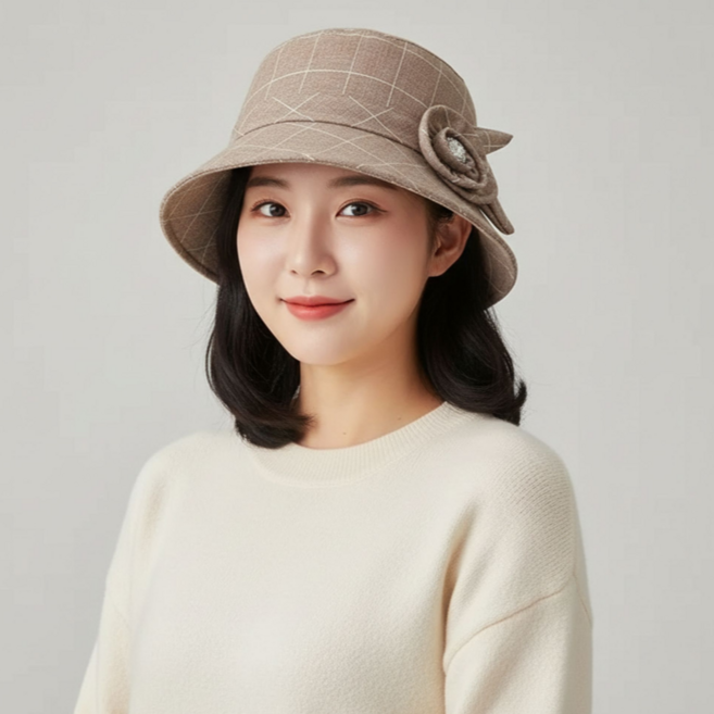 [이엠]h01 봄 가을 체크 플라워 벙거지 모자 중년여성모자