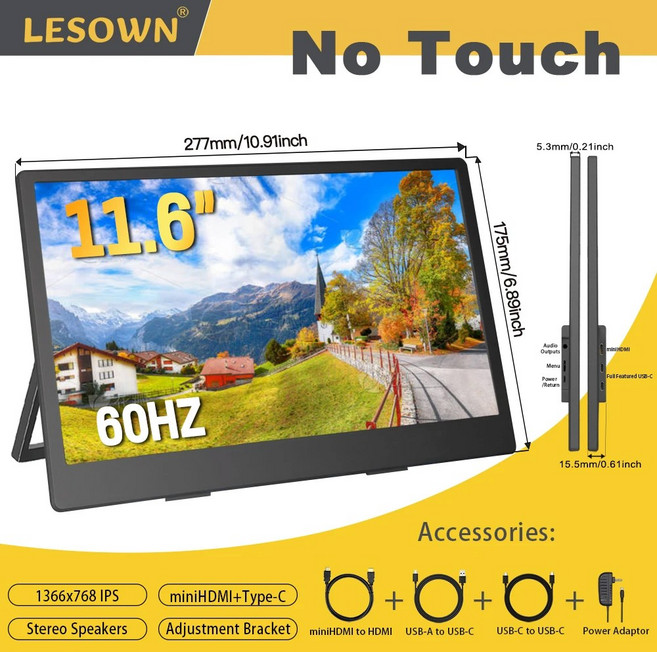 LESOWN 스위치 PC용 5K 14 16 노트북 모니터 화면 디스플레이 보조 4K 타입 미니 휴대용 120HZ 인치 11 게이밍 HDMI, 없음, 16) 11.6in no touch - EU 플러그