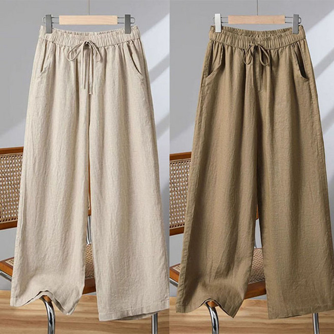 면 마 캐주얼 바지 9부 팬츠 와이드 팬츠 여성 여름 일자 바지 밴딩 바지 냉감 여자바지 린넨 통바지 WAWAMIYA