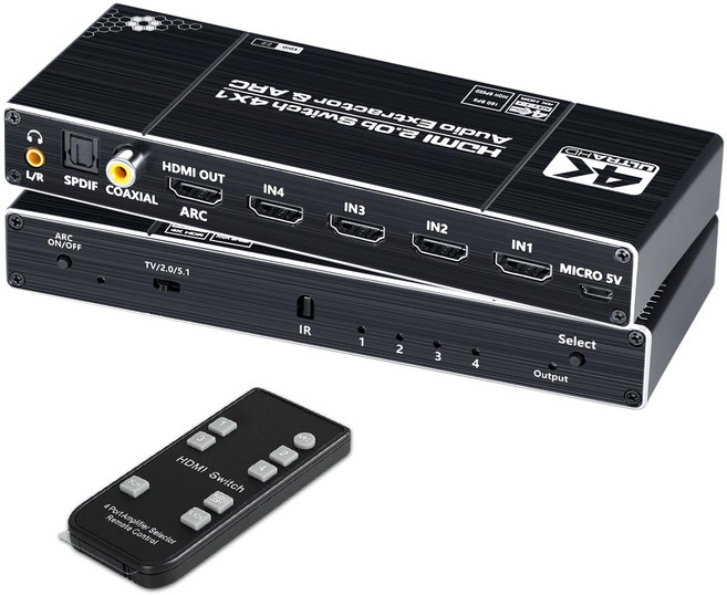 ELEVIEW HDMI 4K60Hz HDR 전환기 음성 분리기 대응 4입력 1출력(오디오 출력:광, 1개