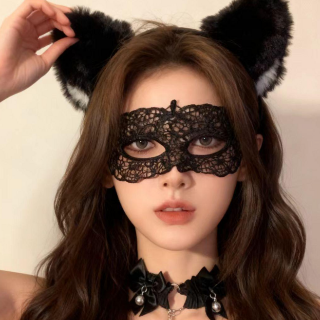 레이스 가면 동물머리띠 초커목걸이 여성 코스프레소품 3종 세트
