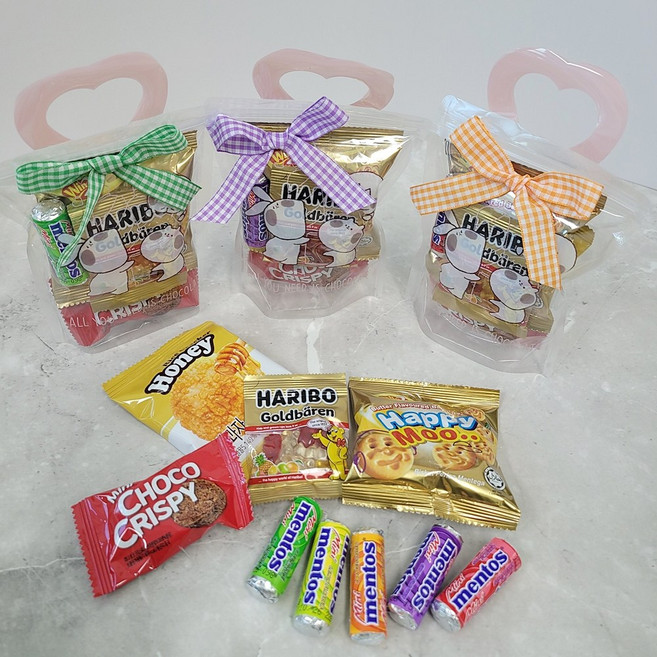[10+1개] 어린이집 유치원 생일 선물 답례품 간식 세트 구디백, 하트손잡이 간식구디백, 11개, 간식 5종 세트