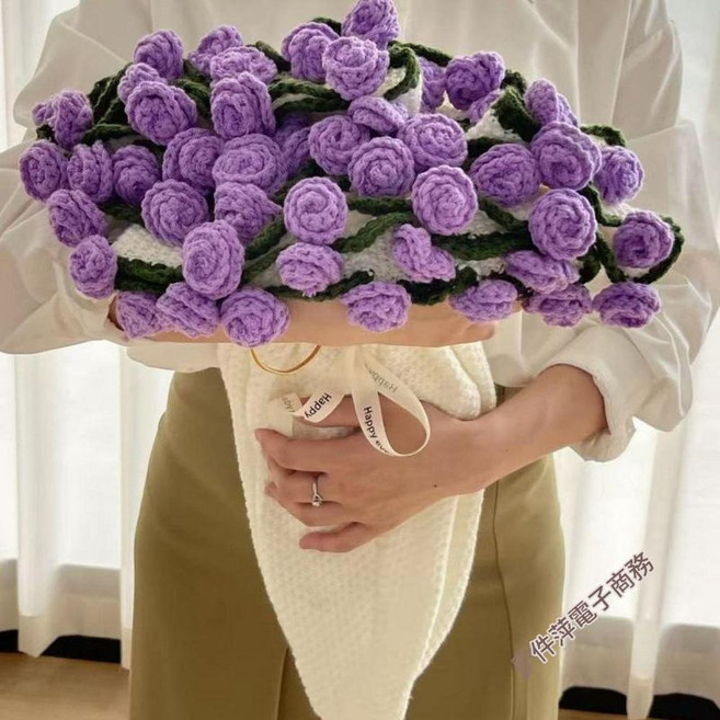 玫瑰花毛線編織束口袋, 成品 - 禮袋裝 - 紫玫瑰 送長輩 - 阿里單品, 1個