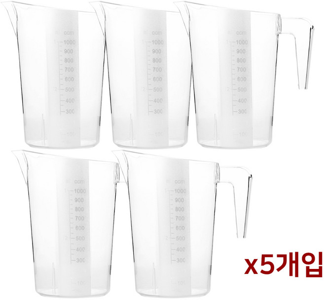 플라스틱 PC 계량컵 1000ml 5개입 세트 쿠킹 저그 눈금 비커 1L, 5개, 단일
