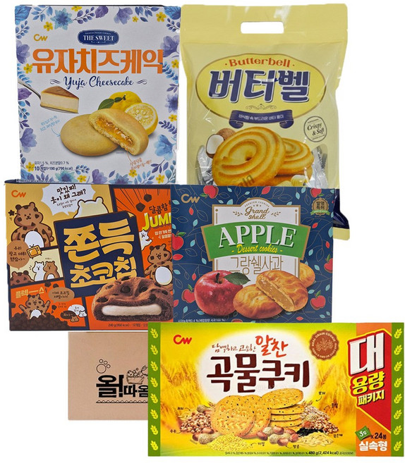 대용량과자 청우 쫀득초코칩+그랑쉘사과+유자치즈케익+알찬곡물쿠키+오성 버터벨, 1세트, 1555g