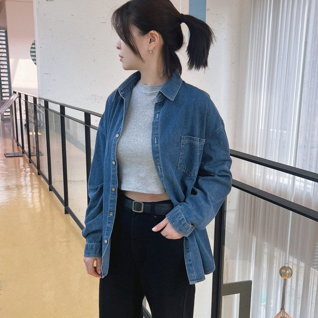 여성 청남방 코디 데님 셔츠 오버핏 청자켓 빅사이즈 커플 포켓