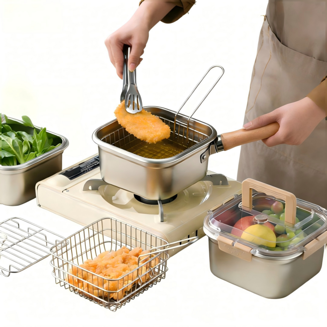 Shipshape 다용도 스텐 튀김 냄비 캠핑 튀김냄비 스텐 밀폐용기 방향용기 다용도 냄비 스텐 편수 냄비 튀김 바구니와 집게 포함, 1세트, 브라운, 21cm