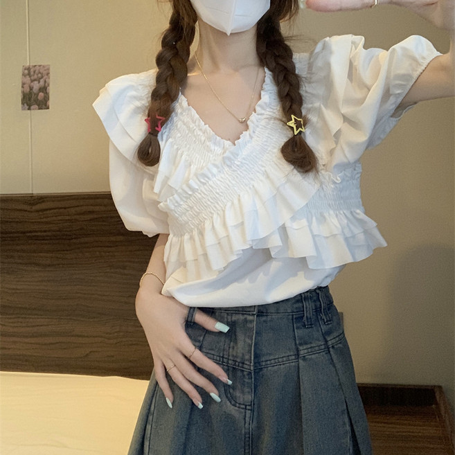 쁘띠꼬모 여성 반팔 블라우스 프릴 셔링 브이넥 러플 퍼프소매 캐주얼 WW42419