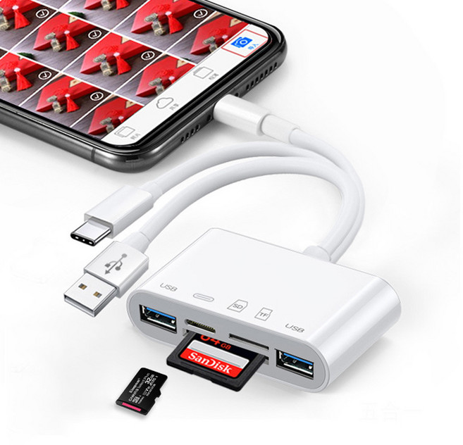 5in1 멀티 카드리더기 OTG 젠더 케이블 멀티허브 윈도우 IOS 안드로이드 호환, 화이트, 1개