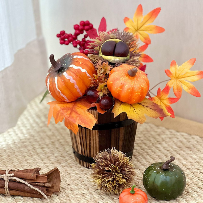 한소픈 호박 열매 오크통 바구니 1P 인테리어 장식 할로윈 가을 장식 소품 카페 매장 홈가드닝 소품, 밤송이