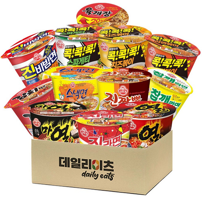 [데일리이츠] 오뚜기 용기컵라면 12종류 혼합세트 (진라면매운맛 진짬뽕 참깨라면 열라면 마열라면 김치면 스낵면 진비빔면 콕콕콕 3종 스파게티 치즈볶이 라면볶이 오뚜기육개장사발면), 1개