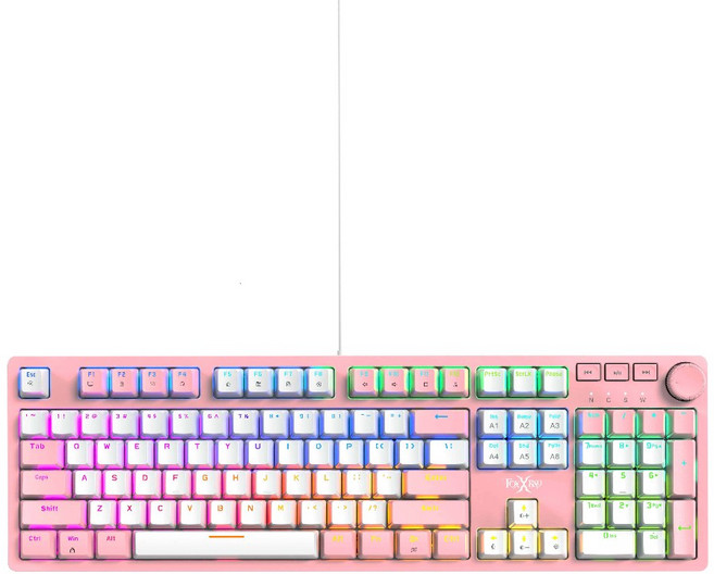 【Foxxray】FXR-HKM-95 星粉全彩 RGB 旋鈕機械鍵盤 電競級 青軸 茶軸, 粉白色, FXR-HKM-95-BL