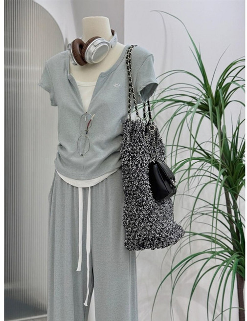 여성 여름 투인원 레이어드 반팔티 와이드 팬츠 트레이닝 츄리닝 상하의 세트