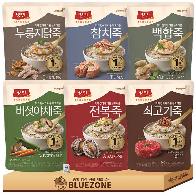 동원 양반죽 간편식 파우치 6종 420g 전복죽+쇠고기죽+참치죽+버섯야채죽+들깨닭죽+백합죽, 1개