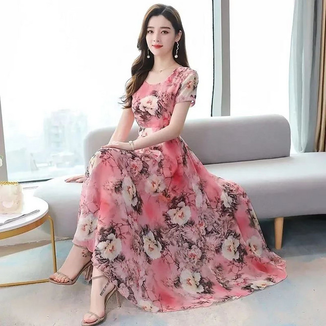 지고다그 화사한 플로럴 프린트 크루넥 A라인 원피스 우아한 반소매 편안한 핏 봄 여름 필수 아이템 여성용 스타일리시한 따뜻한 날씨 의 WY73324