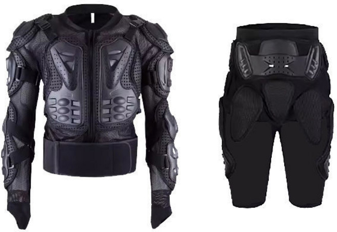 Herobiker 摩托車護甲衣套裝，男女款重機車騎士防摔衣褲, 黑色套裝【透氣網眼+護甲褲】,xl(120-140)