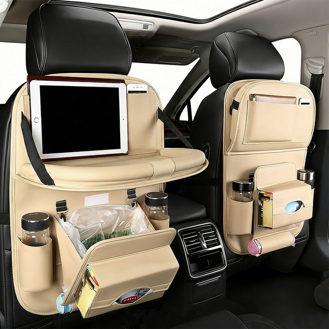 슈퍼인 가죽 자동차 테이블 차량용 폴딩 시트백 트레이 다용도 차량수납, 베이지, 1개