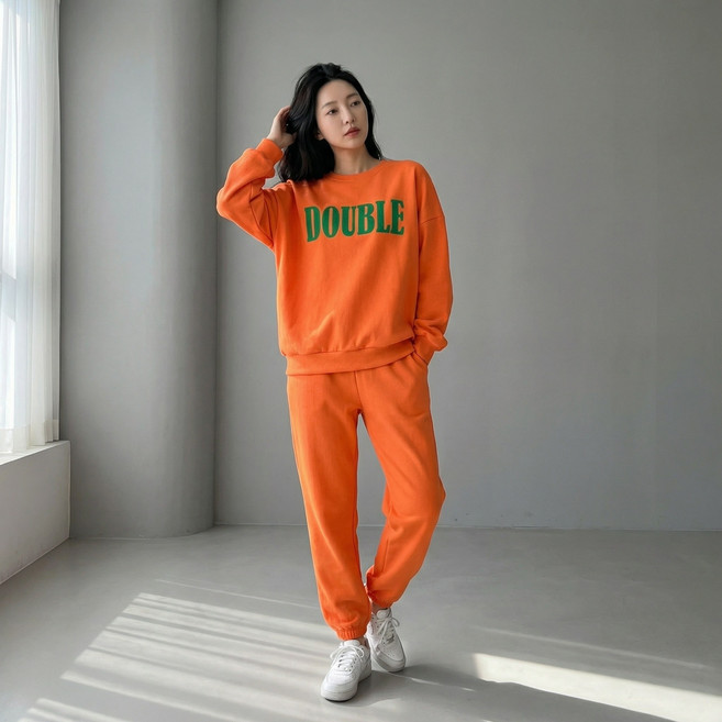 상상그이상 국내제작 여성용 더블맨투맨기모세트 긴팔맨투맨 기모안감 조거바지 트레이닝세트 츄리닝 운동복 영문레터링 허리밴딩 고무줄 캐주얼룩 강아지산책 꾸안꾸 연말룩 가성비아이템