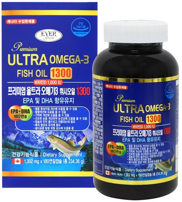 프리미엄 울트라 연어오메가3 피쉬오일 오메가 비타민E EPA DHA 연어유 연어오일 눈건강 혈행개선 보충제 영양제 캡슐 캐나다 1300, 180정, 1개 - 쿠팡