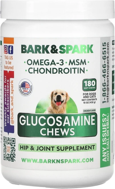 Bark&Spark 글루코사민 츄 강아지 및 고양이용 닭고기 소프트 츄 180개 432g(15oz) Bark&Spark (바크&스파크), Bark&Spark (바크&스파크) Bark&Spark, 1개 - 쿠팡