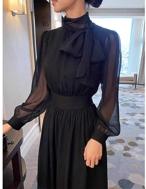 하이넥 리본 스트랩 쉬폰 플리츠 긴팔 롱 원피스