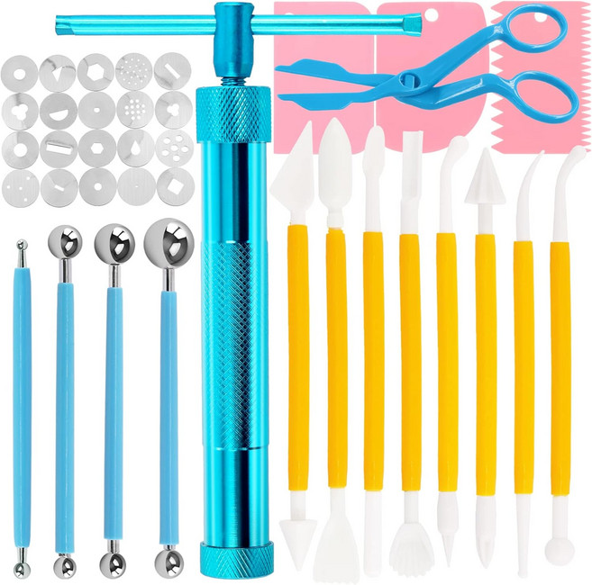 Swpeet 36Pcs 블루 클레이 익스트루더 건 폰단트 슈가 페이스트 케이크 조각 총 플라스틱 스크래퍼가 있는 볼 스타일러스 도팅 도구 장식 용품 모델링, 1세트, Sliver