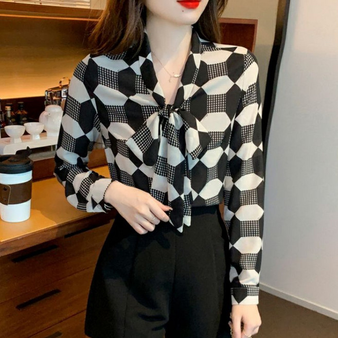 besteffie 여성용 봄 가을 패션 격자무늬 리본넥 디자인 블라우스 긴팔 시폰 셔츠티 넉넉한 루즈핏 K18