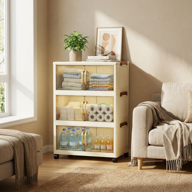도도몰 양문형 접이식 이동식 다용도 수납장, 3개, 베이지 + 투명