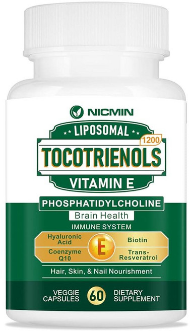1200MG 비타민 E 토코트리에놀 리포솜 보충제 포스파티딜콜린 95% 델타-토코트리에놀 및 5% 감마 토코트리에놀 심장을 위한 높은 흡수 뇌 기능 60캡슐 306148, NICMIN 1200MG 비타민 E 토코트리에놀 리포솜, 1개