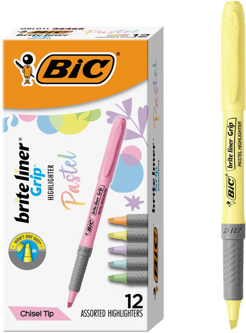 BIC 브라이트 라이너 그립 파스텔 형광펜 세트 끌 모양 BIC Brite Liner Grip Pastel Highlighter Set Chisel Tip 12-Count, 12-Count (Pack of 1), 1개