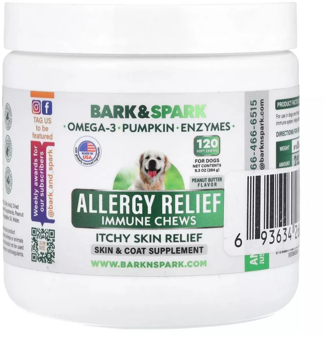 바크앤스파크 알러지 릴리프 이뮨 츄 가려움 완화 피넛버터맛 Bark&Spark Allergy Relief Immune Chews Itchy Skin Relief For Dogs P, 1개 - 쿠팡