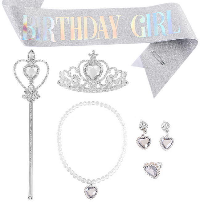 [청춘교복] 공주 생일 파티 용품 5종세트+어깨띠 축하 코스프레 연말 선물 소품 프린세스 코스튬 주얼리 왕관 요술봉 목걸이 액세사리, 1개, 화이트-벌스데이걸