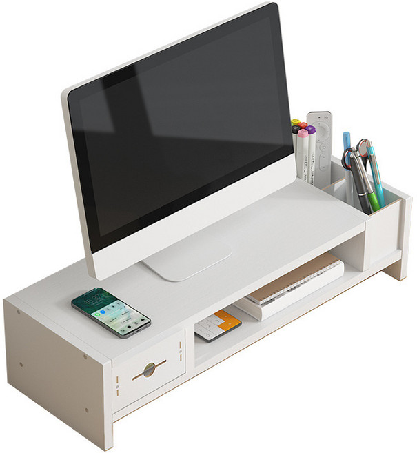 슈퍼인 컴퓨터 모니터 받침대 다용도 수납 2단 높이조절 서랍형, 화이트