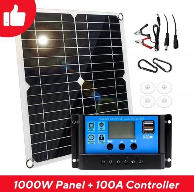 System1000W Solar Panel 12V Solar Cell 10A-100A Controller Solar Plate Kit For Phone RV Car Caravan, 1개