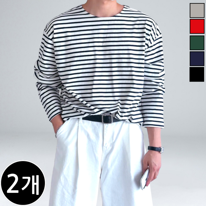[1+1] 남녀공용 오버핏 보트넥 스트라이프 긴팔티 (6319-2)