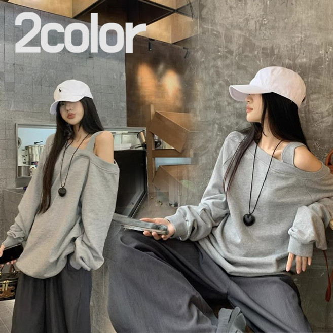 44-77 [여리핏/공항룩] 키로니 원숄더 오프숄더 루즈핏 맨투맨 - 여성 상의 티셔츠