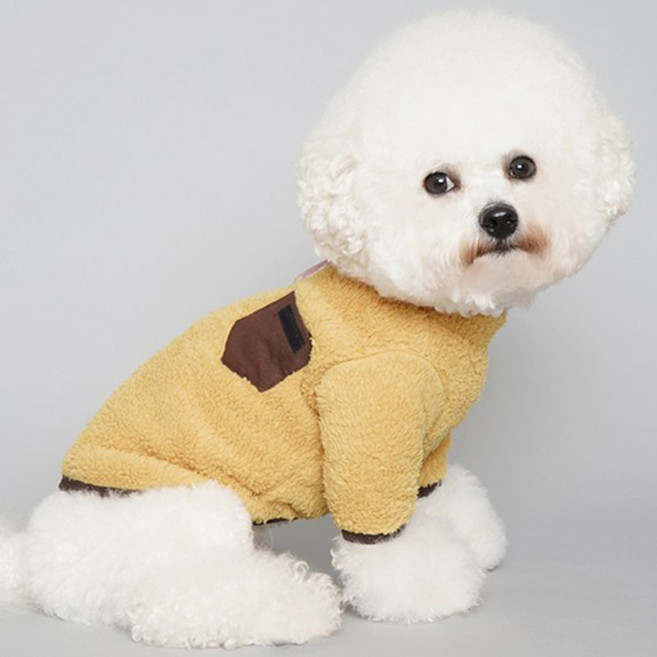 바이담수미 강아지 겨울 긴팔 포켓 후리스 아우터, 머스타드, 1개