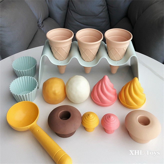 兒童沙灘玩具 麥稈沙灘桶 推土自卸車 手拉車 挖沙戶外戲水玩具, 冰淇淋套裝, 1個