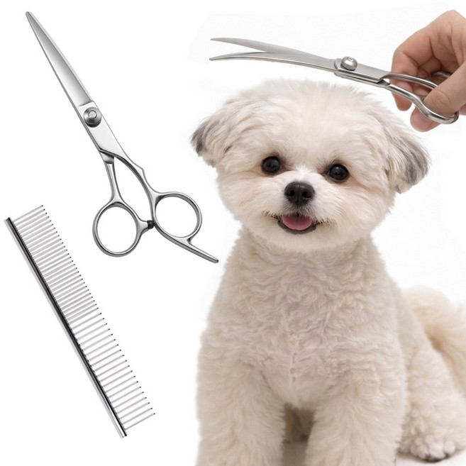 멍식이네 홈 반려동물 강아지 고양이 미용 일자가위+커브가위(하)+브러쉬 3종 세트, 1세트, 실버