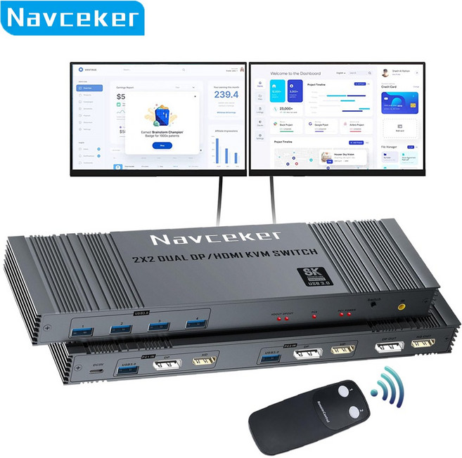 Navceker HDMI DP KVM 스위치 2 대 컴퓨터용 2 인 2 아웃 2x2 4K 144Hz 듀얼 모니터 확장 디스플레이 8K USB KVM 스위처(배터리 없음), ZY-AK10, 1개