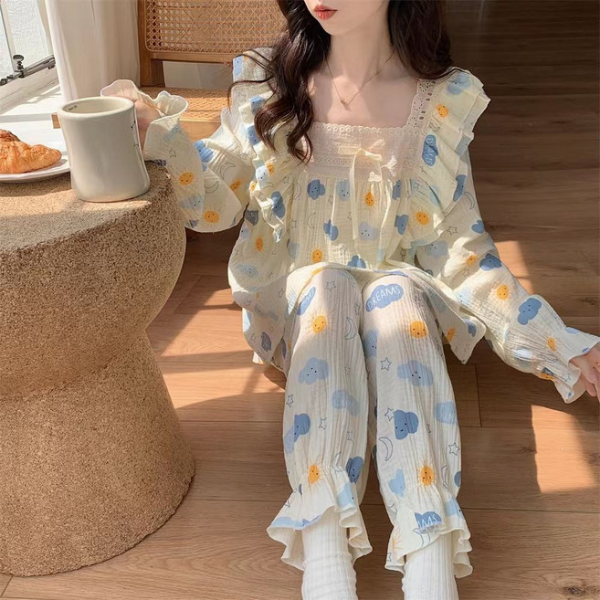 長袖睡衣套裝 女春秋季可愛寬鬆家居服