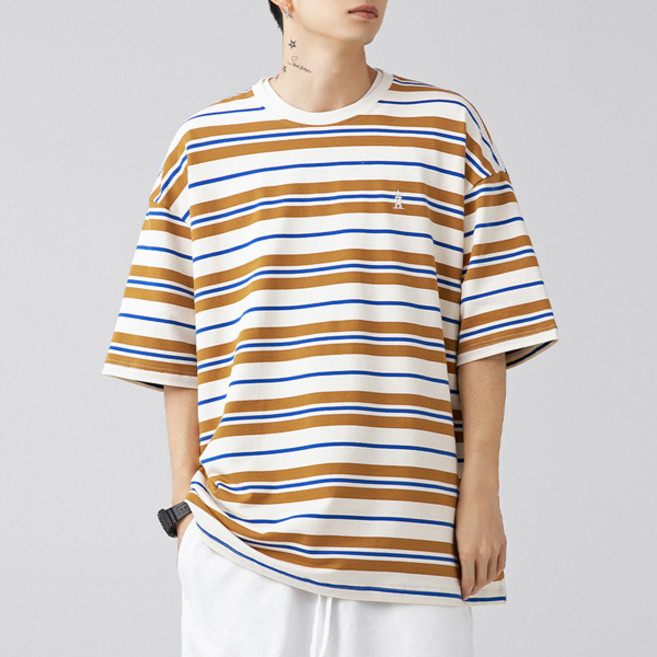 원플로우 멀티 남여공용 오버핏 스트라이프 반팔 티셔츠 S250705SM-11